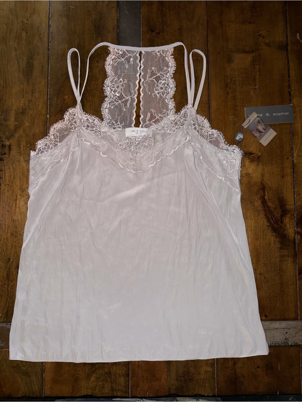 NWT Lola & Sophie Real Silk Grey Lace Camisole Tank Top
